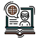 "An icon of a laptop on an open book with a person and a globe in a speech bubble, representing the education sector.