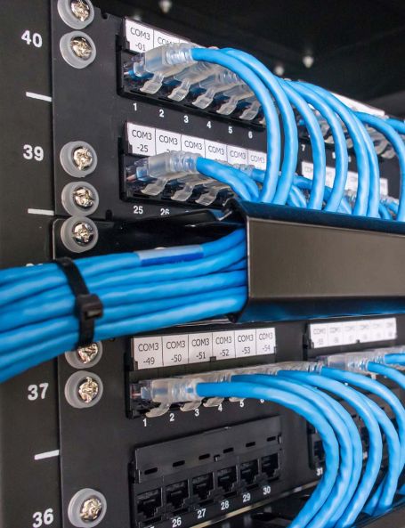 Close-up of network rack with blue ethernet cables