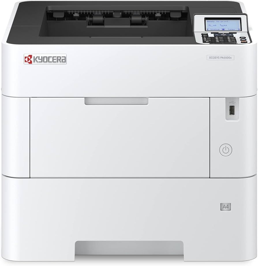 White Kyocera Ecosys PA5500X printer with black accents, control panel on the top right, and output tray visible.