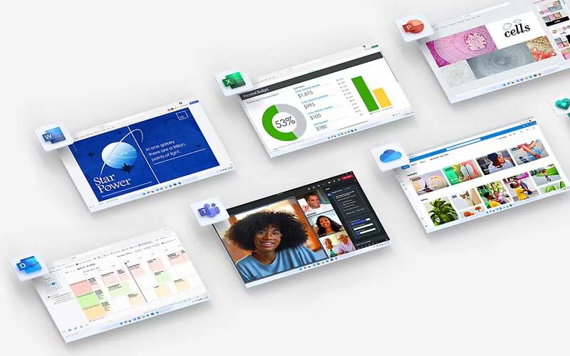 A dynamic visual for Elevate Technology's services, showing multiple floating windows of various Microsoft applications, including PowerPoint presentations, Excel spreadsheets, and a Microsoft Teams video conference call.