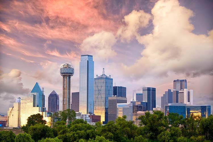 A panoramic view of the Dallas, Texas skyline at sunset, with the iconic Reunion Tower and other prominent skyscrapers visible above a lush green tree line. This image is for Elevate Technology.