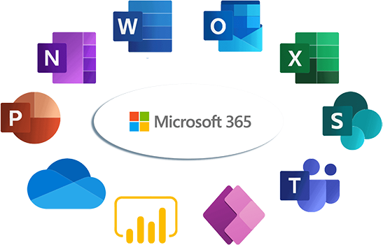 A comprehensive graphic for Elevate Technology's Microsoft 365 solutions. The image shows the Microsoft 365 logo at the center, surrounded by the icons of its key applications: OneNote (N), Word (W), Outlook (O), Excel (X), SharePoint (S), Teams (T), PowerPoint (P), OneDrive (cloud icon), and Power BI (graph icon). The arrangement visually represents the interconnected and centralized nature of the Microsoft 365 suite.