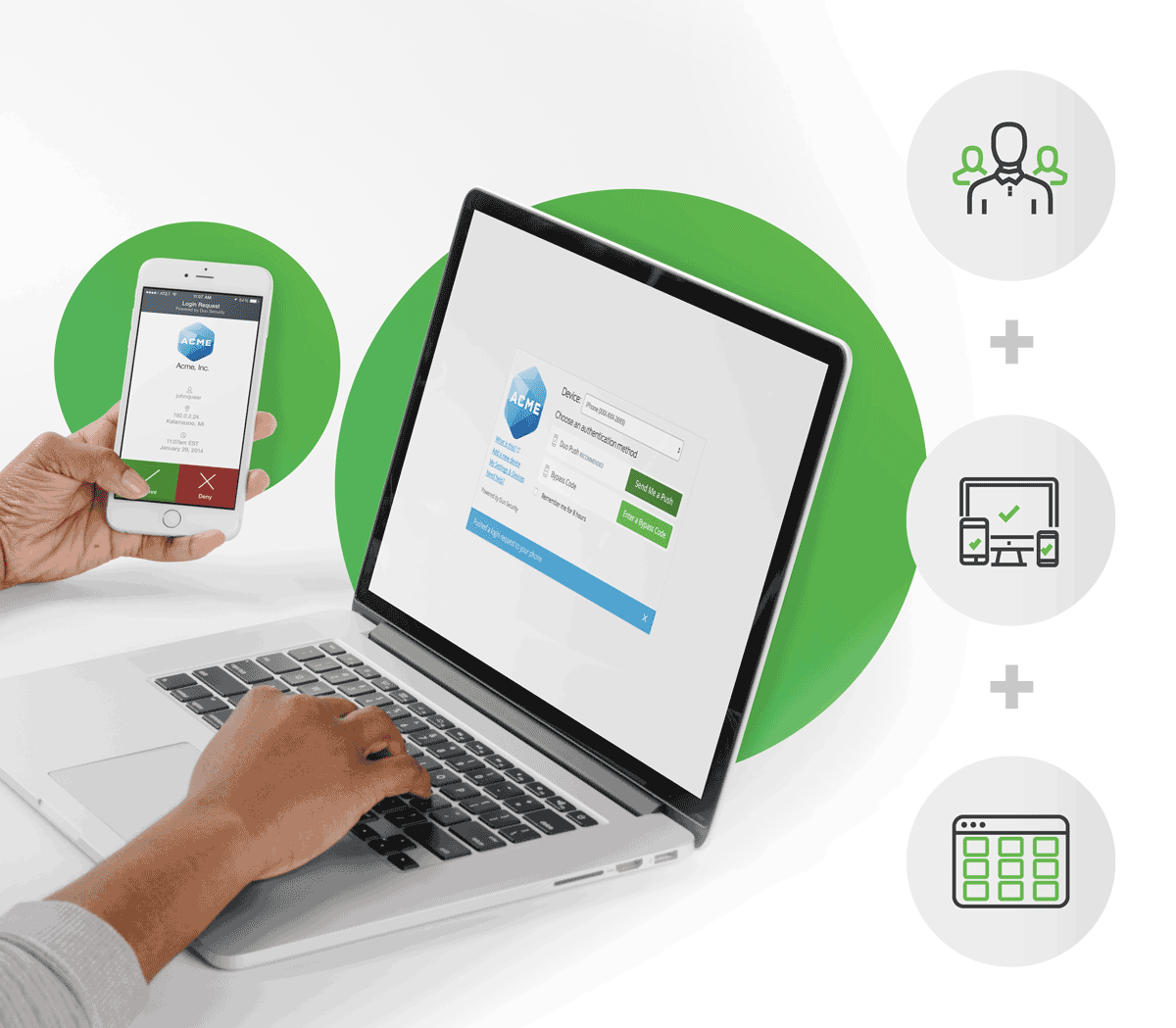 Elevate Technology graphic illustrating a two-factor authentication or multi-factor authentication (MFA) concept, showing a person typing on a laptop with a login screen and simultaneously holding a smartphone displaying a "Yes/No" approval prompt.