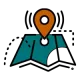 An icon of a folded map with a location pin on it, representing Elevate Technology's services for multi-site businesses and its ability to provide communication solutions across different locations.