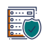An icon showing a server rack with a large security shield and checkmark in front of it, representing data protection, server security, and secure hosting services.