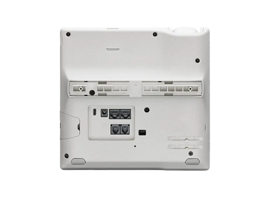 Rear view of the Polycom E550 IP Phone displaying the multiple ports for power and network connectivity, including two Ethernet ports, designed for easy setup in a business environment.