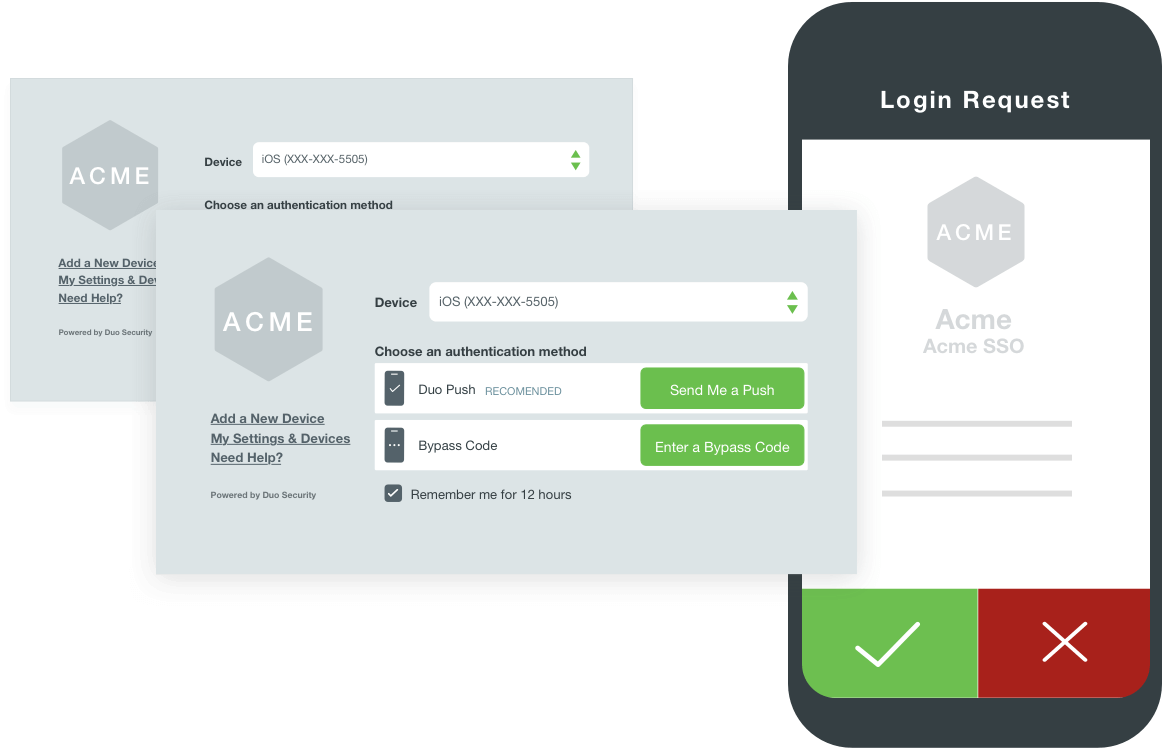 Elevate Technology graphic illustrating Multi-Factor Authentication (MFA), showing a desktop screen for setting up a device and choosing an authentication method (Duo Push or Passcode), next to a smartphone displaying an "Acme SSO Login Request" with a prominent green checkmark for approval and a red X for denial.