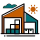 An icon of a modern warehouse or commercial building with a sun in the sky, representing how Elevate Technology provides low-voltage wiring and network solutions for the commercial sector.