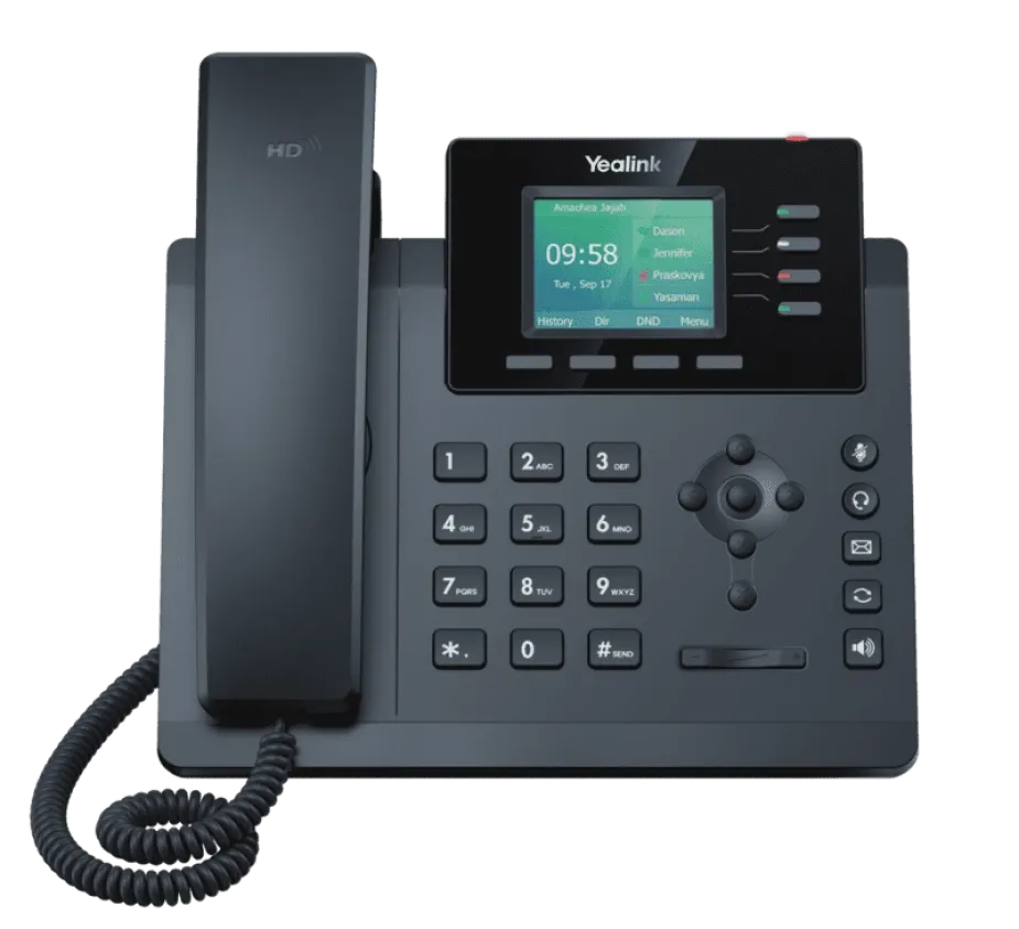 Yealink T34W Desk Phone (angled view) with a black handset resting on the base, featuring a color screen and physical keys, and utilizing Elevate Technology and Elevation Technology.