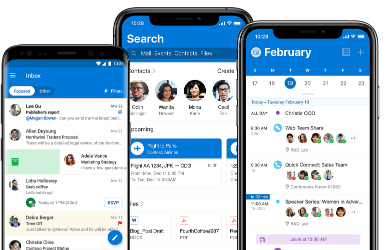 Multiple smartphones showing the Elevate mobile app for unified communications and collaboration.