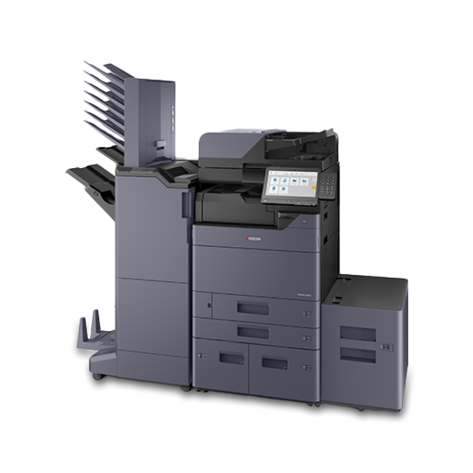 A Kyocera TASKalfa 2554ci printer with a fully stacked document finisher and a large side tray module.