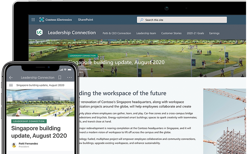 A professional image for Elevate Technology's SharePoint and collaboration services. The image shows a tablet and a smartphone side-by-side, both displaying the same SharePoint site.